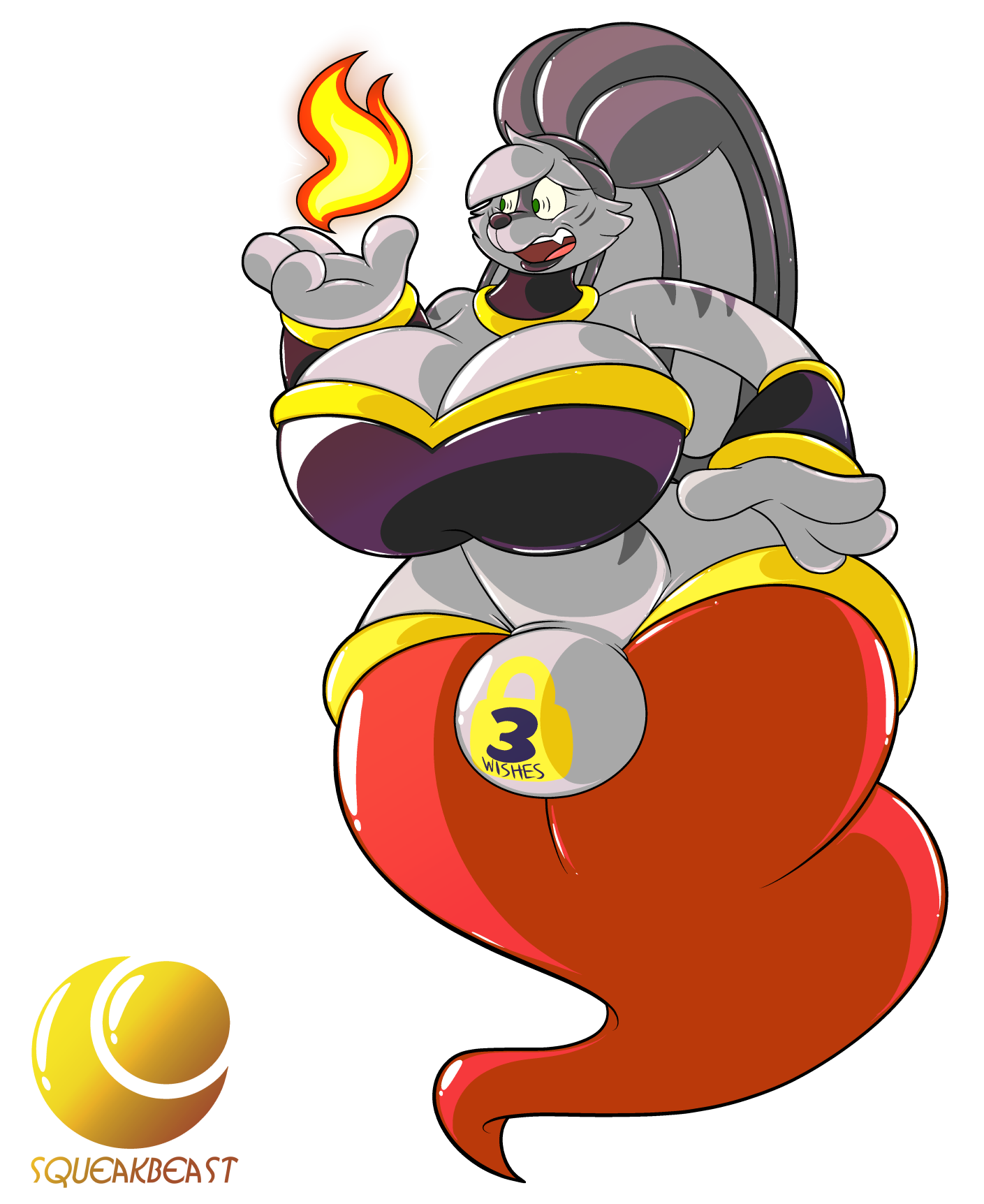 a gray rubber rabbit genie, surprised at wielding magic fire